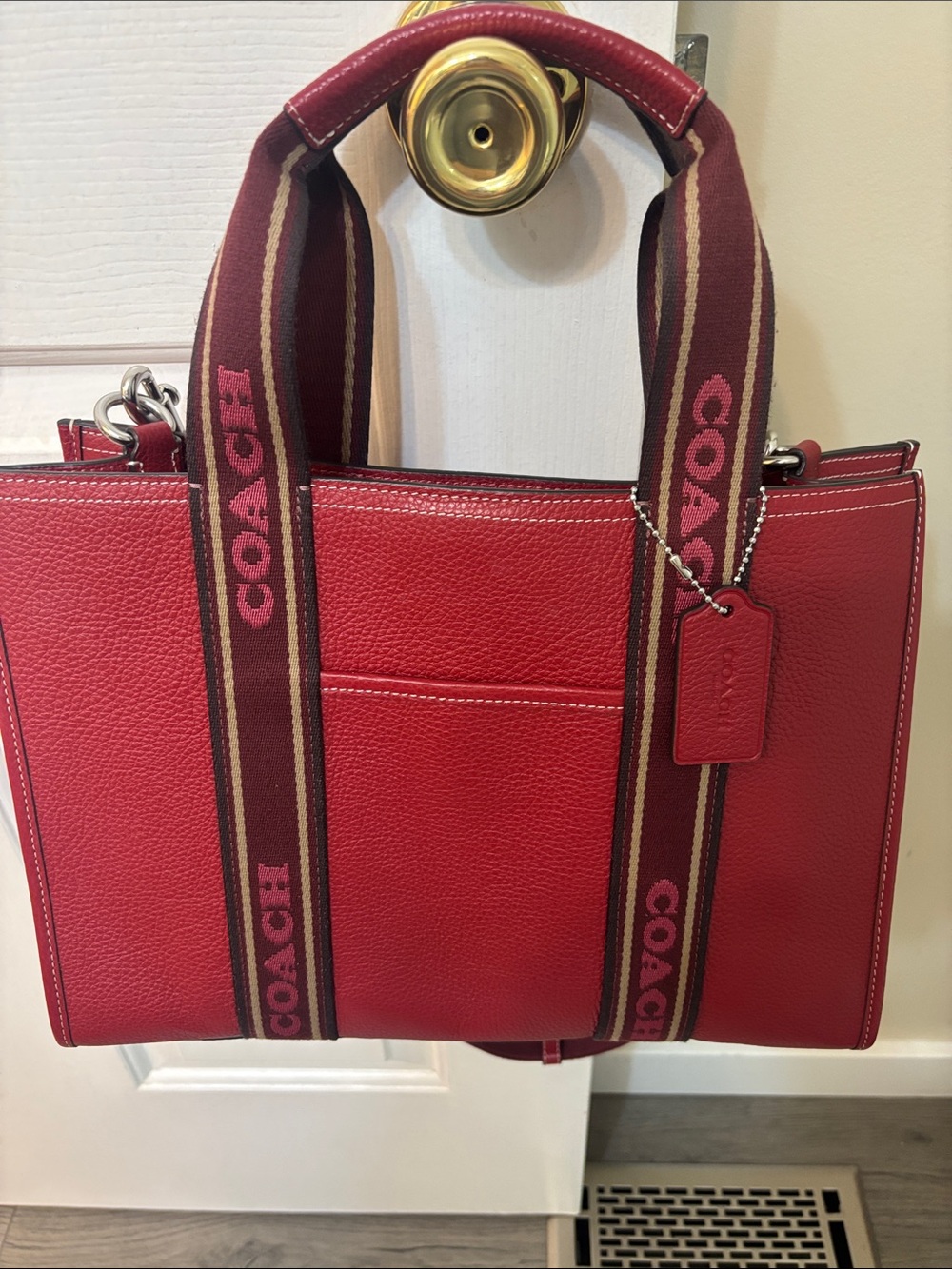 Coach Red Pebbled Leather Tote with Branded Strap